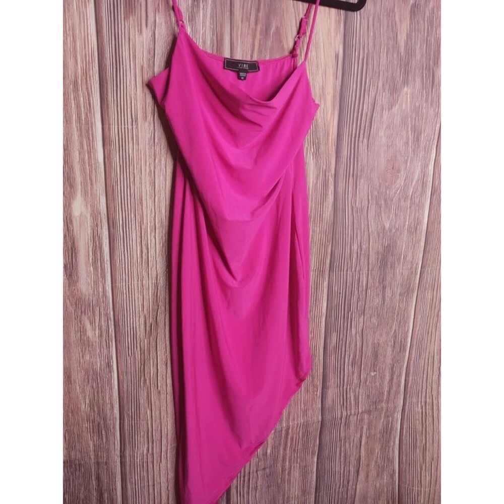 VIBE Sportswear Hot Pink Cowl Neck Asymmetrical Tulip Hem Midi Dress Size M - Picture 2 of 4